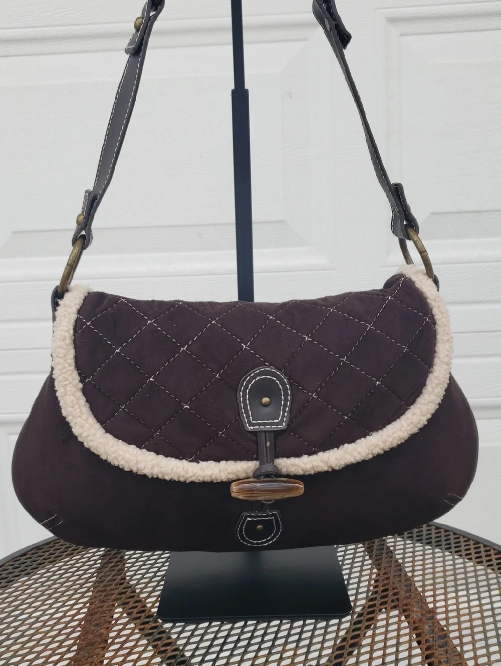 Old Navy Faux Leather Suede Sherpa Quilted Toggle Hobo Bag Y2K Brown Coquette